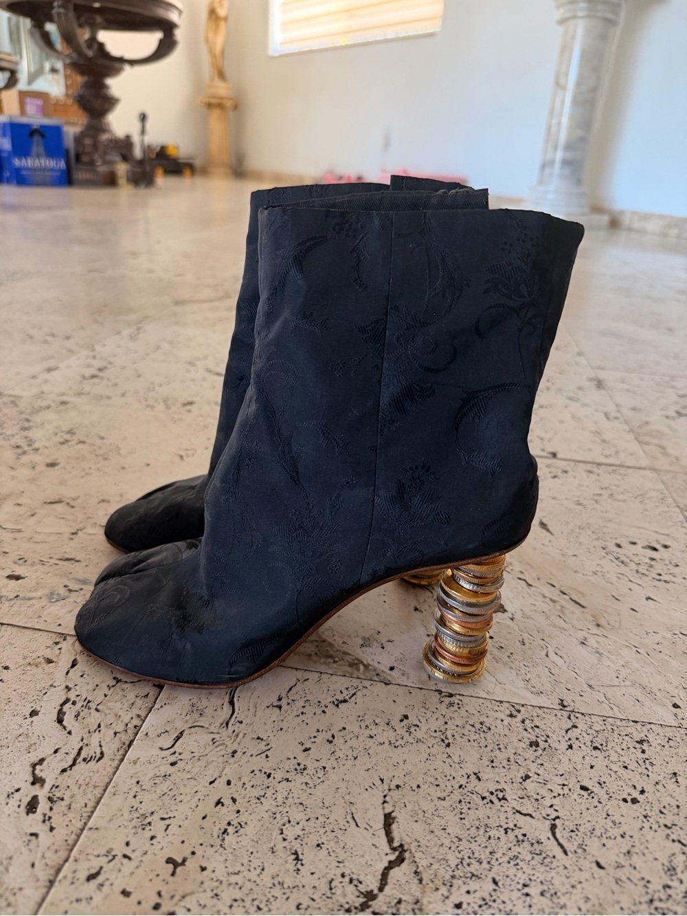 Vetements Black Ankle Booties with Sculptural Gold Coil Heel